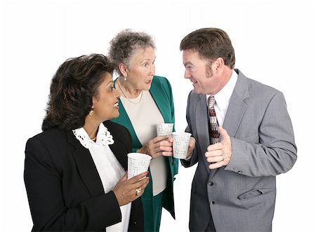 Business employees gathered to get a drink of water and gossip.  Isolated on white. Stock Photo - Budget Royalty-Free & Subscription, Code: 400-03969466