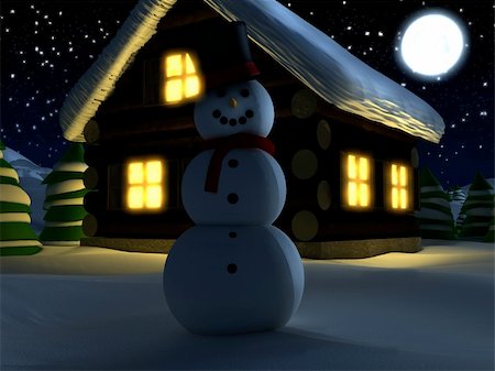 3d rendered illustration of a winterscene with house snowman Stock Photo - Budget Royalty-Free & Subscription, Code: 400-03973370
