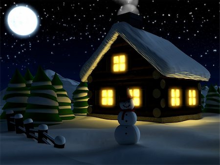 3d rendered illustration of winterscene with  a house and a snowman Stock Photo - Budget Royalty-Free & Subscription, Code: 400-03973371