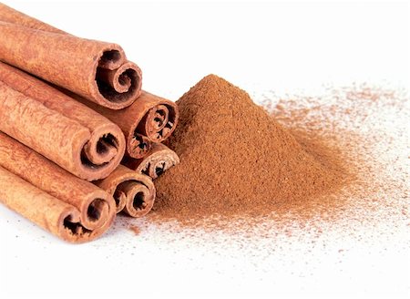simsearch:628-02228100,k - Cinnamon powder and cinnamon sticks on a white background Stock Photo - Budget Royalty-Free & Subscription, Code: 400-03986807