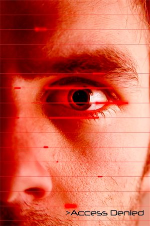 eye laser beam - An iris scan concept image of a male with a few days beard growth (in techno red color) with the words 'Access Denied' Stock Photo - Budget Royalty-Free & Subscription, Code: 400-03986826
