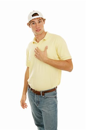 simsearch:400-04505681,k - Handsome young college age man gesturing to himself as if to say "who me?".  Isolated on white. Stock Photo - Budget Royalty-Free & Subscription, Code: 400-03997990