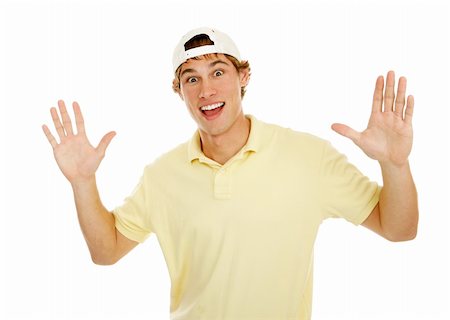 simsearch:400-04505681,k - Young college age man throws up his hands in surprise.  Isolated on white. Stock Photo - Budget Royalty-Free & Subscription, Code: 400-03997991
