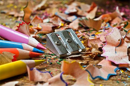 simsearch:400-04046903,k - colored pencils sharpener and shavings on wooden surface Stock Photo - Budget Royalty-Free & Subscription, Code: 400-03999036