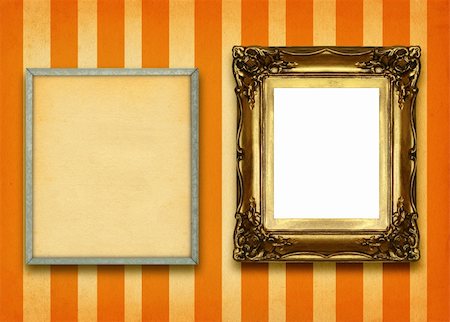 simsearch:400-07332295,k - hollow gilded picture frame and empty pinboard against striped wall Stock Photo - Budget Royalty-Free & Subscription, Code: 400-03991409
