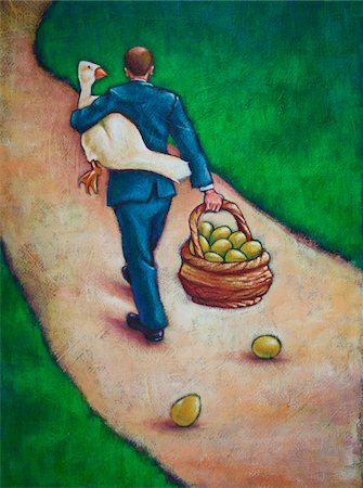 Illustration of Back View of Businessman Walking on Path, holding a Goose and carrying a Basket of Golden Eggs Stock Photo - Premium Royalty-Free, Code: 600-06282086