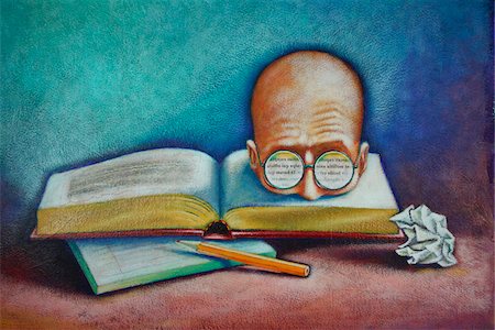 Illustration of Bald Head Popping out of a Book Foto de stock - Sin royalties Premium, Código: 600-06282087