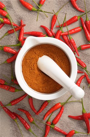 pepper (vegetable) - Overhead View of Hot Red Peppers and Ground Peppers in Mortar and Pestle Stock Photo - Premium Royalty-Free, Code: 600-06671818