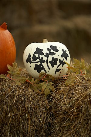 Pumpkins Decorated for Halloween on Hay Bale, Ontario, Canada Stock Photo - Premium Royalty-Free, Code: 600-06808827