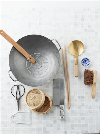 simsearch:600-06752237,k - Overhead View of Cooking Utensils, Studio Shot Stock Photo - Premium Royalty-Free, Code: 600-06963788