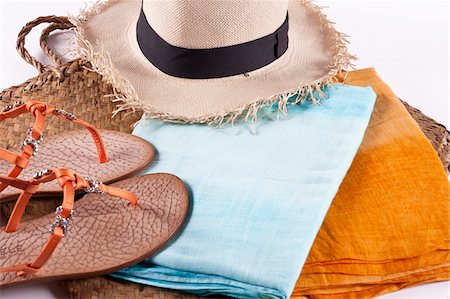 sarong - Colorful Summer Clothes and Accessories, Panama Hat, Beach Bag, Flip Flops and Sarongs Stock Photo - Premium Royalty-Free, Code: 600-07192124