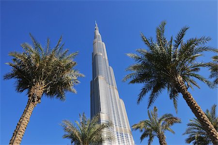 Looking up at Palm Trees and Burj Khalifa, Dubai, United Arab Emirates Foto de stock - Sin royalties Premium, Código: 600-07653873