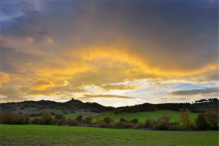 Landscape at Sunset and Stormy Sky, Castiglione d'Orcia, Val d'Orcia, Province of Siena, Tuscany, Italy Stock Photo - Premium Royalty-Free, Code: 600-07674821