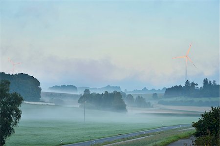 simsearch:700-03720180,k - Scenic view of foggy farmland in the morning with wind turbine in background, Upper Palatinate, Bavaria, Germany Stock Photo - Premium Royalty-Free, Code: 600-07783755