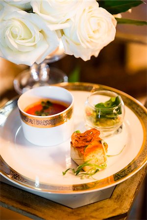 plated food - Lobster Bisque, Miso Glazed Cod and Scallop Ceviche at Wedding Reception Stock Photo - Premium Royalty-Free, Code: 600-07991670