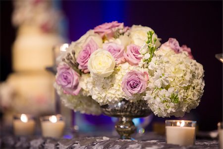 simsearch:600-07451036,k - Rose and Hydrangea Centerpieces on Table at Wedding Stock Photo - Premium Royalty-Free, Code: 600-08059834