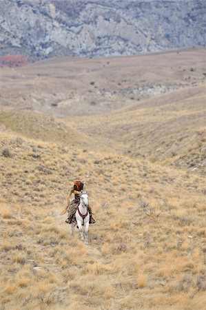 quarter horse - Cowboy riding horse in wilderness, Rocky Mountains, Wyoming, USA Foto de stock - Sin royalties Premium, Código: 600-08171770