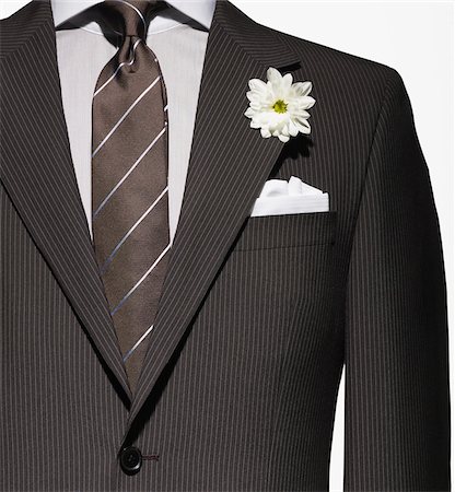 Detail of a brown suit jacket with shirt and necktie, and white handkerchief and flower Fotografie stock - Premium Royalty-Free, Codice: 600-08542884