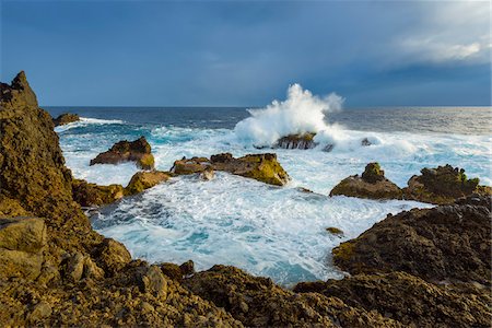 simsearch:600-07453834,k - Lava Rock Coast at Sunrise with Breaking Waves, Charco del Viento, La Guancha, Tenerife, Canary Islands, Spain Stock Photo - Premium Royalty-Free, Code: 600-08783046