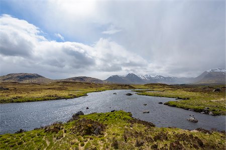 simsearch:700-03508663,k - Moor landscape with a river and the sun shining through the cloudy sky at Rannoch Moor in Scotland, United Kingdom Stock Photo - Premium Royalty-Free, Code: 600-08973427
