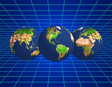 simsearch:700-00042285,k - Three Globes Displaying Continents of the World and Grid Landscape Stock Photo - Premium Royalty-Free, Code: 600-00059079