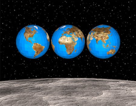 View of Three Geodesic Globes Displaying Continents of the World from Moon Stock Photo - Premium Royalty-Free, Code: 600-00059279