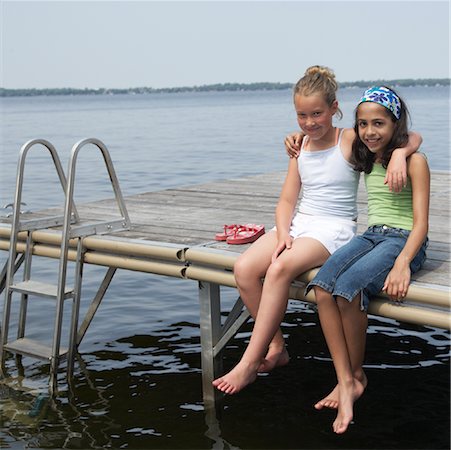 Girls Sitting on Dock Stock Photo - Premium Royalty-Free, Code: 600-01585915