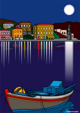 simsearch:700-00031108,k - Illustration of Boat and City Lights Reflected on Water Stock Photo - Premium Royalty-Free, Code: 600-01607232