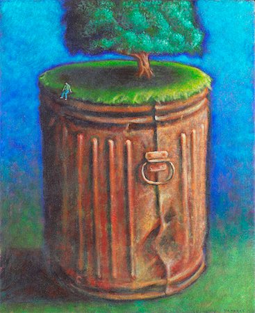 Tree Growing Out of Garbage Can with Man Sitting on Rim Stock Photo - Premium Royalty-Free, Code: 600-01670667