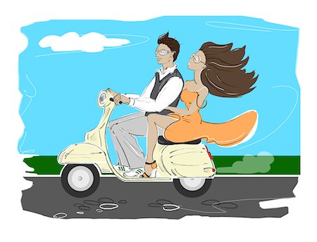 simsearch:600-06841651,k - Illustration of Couple on Scooter Stock Photo - Premium Royalty-Free, Code: 600-02377767