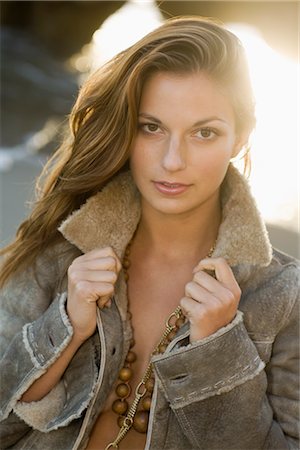 Portrait of Woman in Leather Jacket, Malibu, California, USA Stock Photo - Premium Royalty-Free, Code: 600-02637986