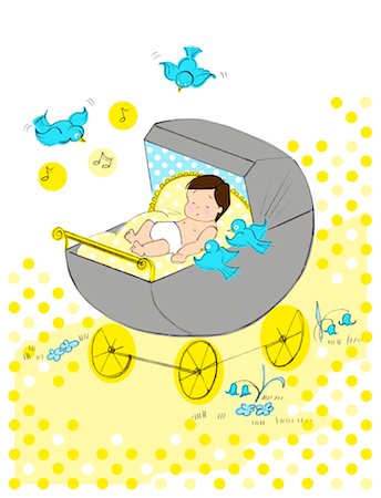 sweet (endearing) - Illustration of Baby Lying in Stroller Stock Photo - Premium Royalty-Free, Code: 600-03520590