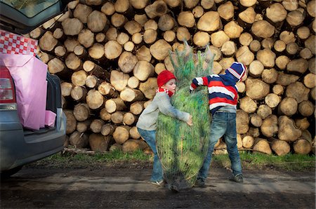 fun pictures christmas - Two boys lifting Christmas tree to car Foto de stock - Sin royalties Premium, Código: 614-05792372