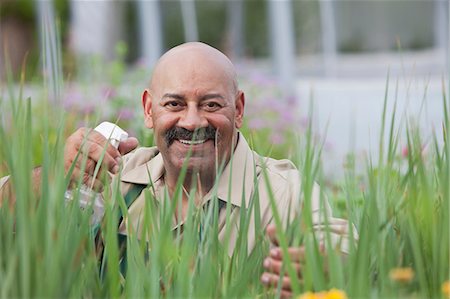 Mature man using insecticide on plants in greenhouse, portrait Stock Photo - Premium Royalty-Free, Code: 614-06896330