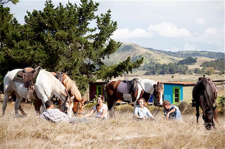 simsearch:6102-08542382,k - Horse riders taking break on grass, Pakiri Beach, Auckland, New Zealand Stock Photo - Premium Royalty-Free, Code: 614-07911671