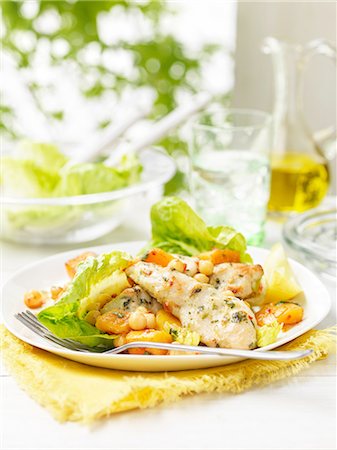 simsearch:614-01088098,k - Plate of chicken salad, chick peas, lettuce butternut squash, slice of lemon with olive oil on wooden garden table Stock Photo - Premium Royalty-Free, Code: 614-08878834