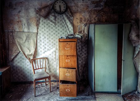 simsearch:859-03983026,k - Abandoned building with chair and filing cabinet Stock Photo - Premium Royalty-Free, Code: 614-08873395