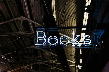 simsearch:614-06718923,k - Illuminated neon bookshop sign at night, New York, USA Stock Photo - Premium Royalty-Free, Code: 614-08990299