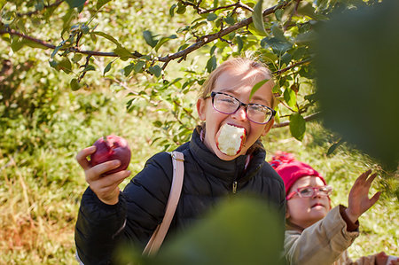 family apple orchard - Girls picking and eating apples from tree Photographie de stock - Premium Libres de Droits, Code: 614-09253759