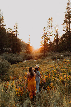 simsearch:614-09078761,k - Two women in maxi dresses walking through wildflowers at sunset in rural valley, rear view, Mineral King, California, USA Stock Photo - Premium Royalty-Free, Code: 614-09270487