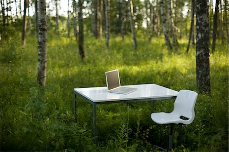 A computer on a white desk in a forest, Sweden. Stock Photo - Premium Royalty-Free, Code: 6102-03866152