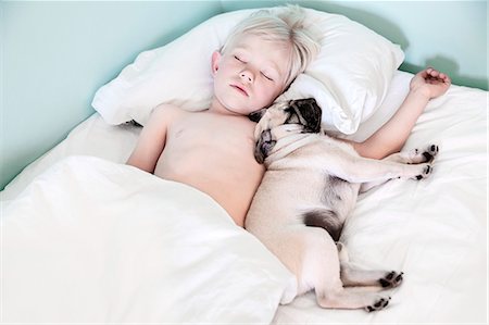 simsearch:6102-08168912,k - Boy sleeping with pug Photographie de stock - Premium Libres de Droits, Code: 6102-08858425