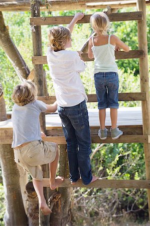 Rear view of children climbing ladders to tree house Stock Photo - Premium Royalty-Free, Code: 6108-05872693