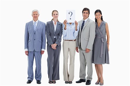 simsearch:6109-06002816,k - Business team with question mark against white background Stock Photo - Premium Royalty-Free, Code: 6109-06002831