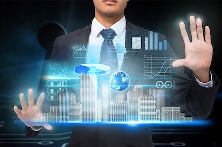 futuristic - Businessman touching interface with graphics Foto de stock - Sin royalties Premium, Código: 6109-07601582