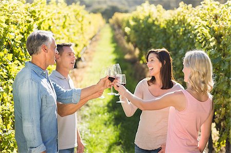 simsearch:6109-08204218,k - Smiling group raising their wineglasses to each other next to grapevine Stock Photo - Premium Royalty-Free, Code: 6109-08204013