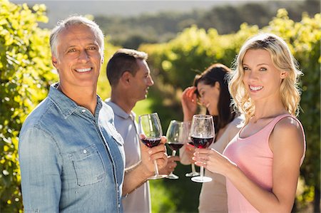simsearch:6109-08204218,k - Portrait of smiling couple holding wineglass and standing in front of couple talking Stock Photo - Premium Royalty-Free, Code: 6109-08204011