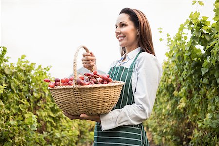 simsearch:6109-08204218,k - Happy female winegrower holding a basket of grapes Stock Photo - Premium Royalty-Free, Code: 6109-08204211