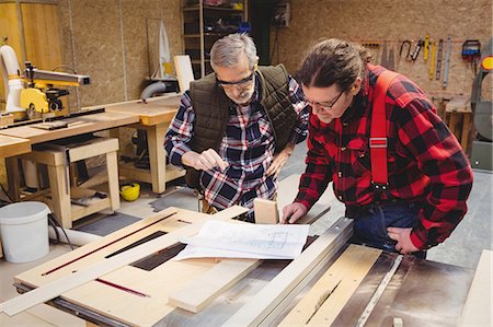 simsearch:6102-07158067,k - Focused duo of carpenter looking the plan in a workshop Stock Photo - Premium Royalty-Free, Code: 6109-08689721