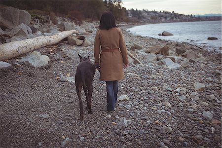 drift wood - Rear view of woman with dog walking at beach Stock Photo - Premium Royalty-Free, Code: 6109-08953594